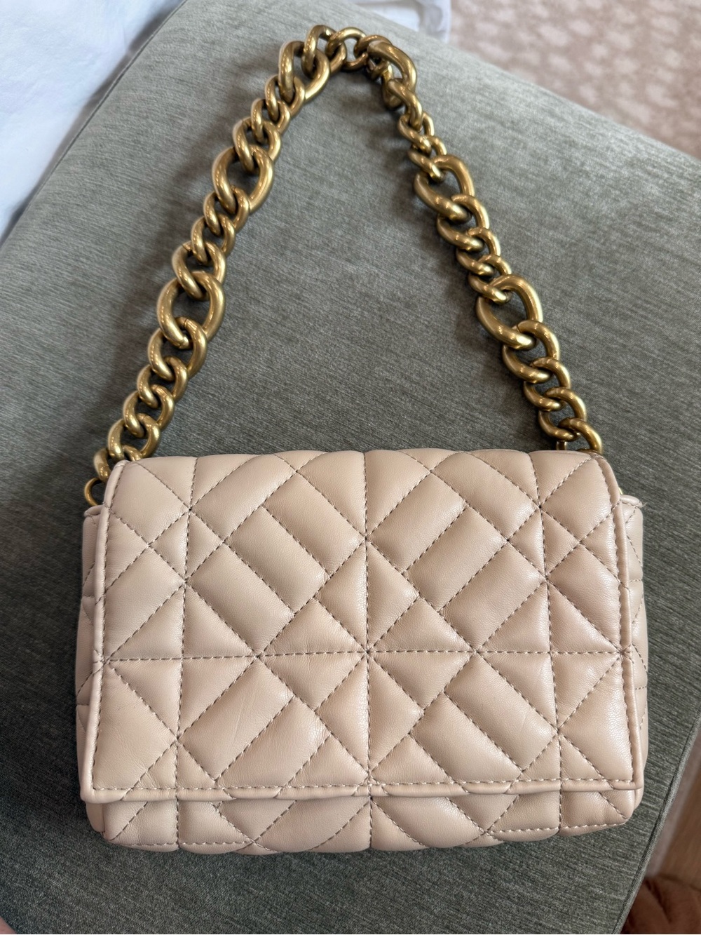 Zara Quilted Cream Shoulder Bag with Gold Chain